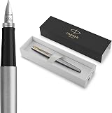Parker Jotter Fountain Pen Stainless Steel Gold Trim Medium Nib Blue Ink