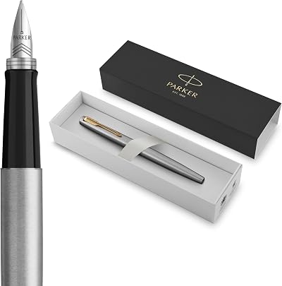 Parker Jotter Fountain Pen Stainless Steel Gold Trim Medium Nib Blue Ink