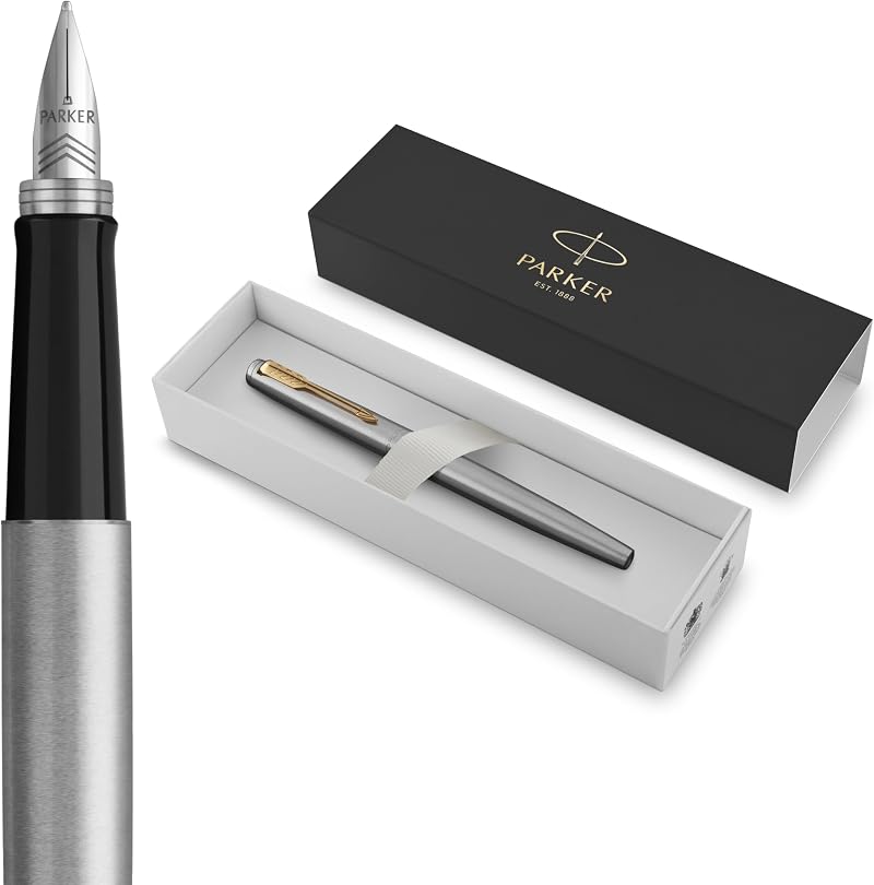 Parker Jotter Fountain Pen Stainless Steel Gold Trim Medium Nib Blue Ink