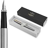Parker Jotter Fountain Pen, Stainless Steel with Gold Trim, Medium Nib, Blue Ink & Gift Box