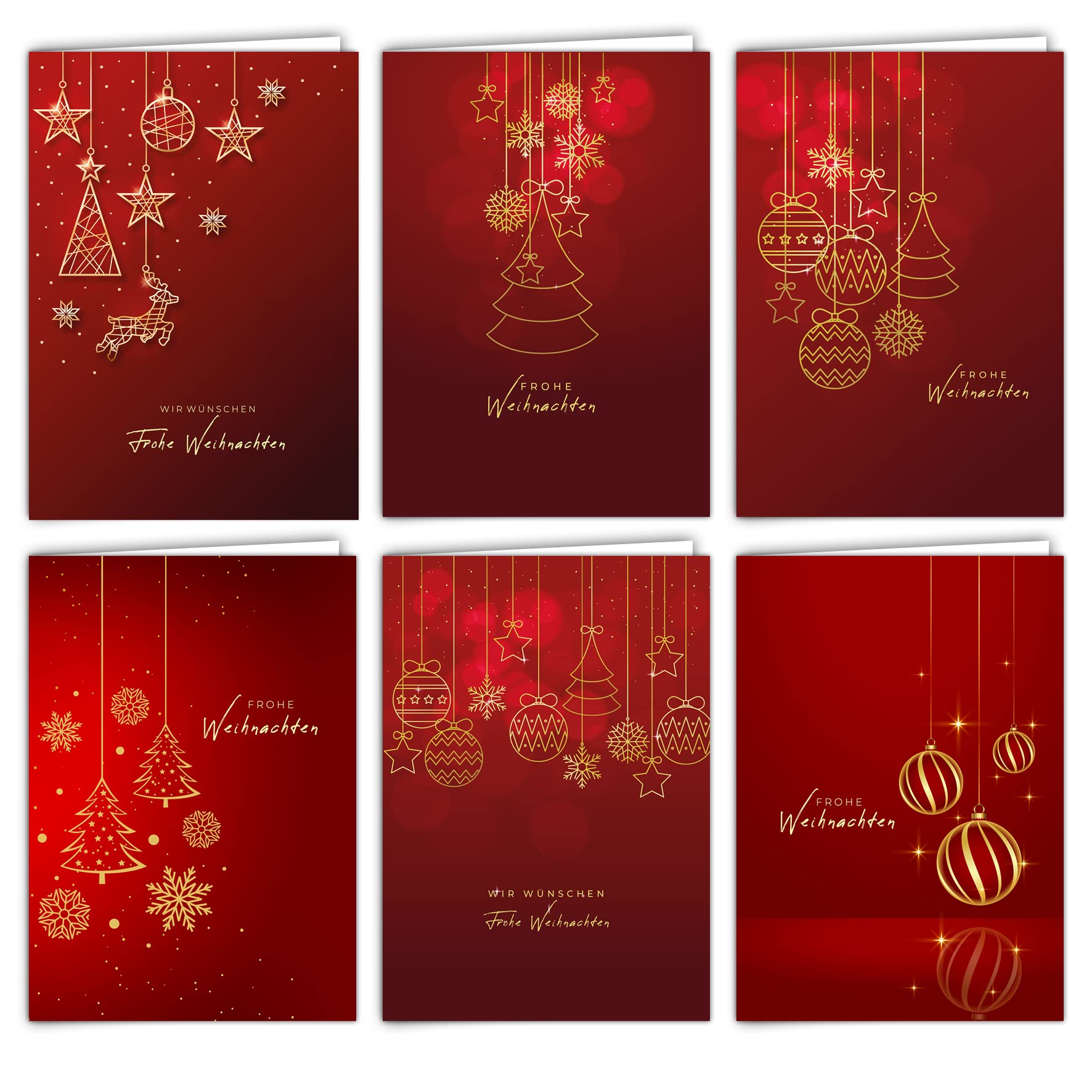 12 Christmas Cards Set Folding Cards with Envelopes Square Card Cards Envelopes Shiny Merry Christmas Xmas Red Gold Stars Christmas Tree Ball Deer Gift
