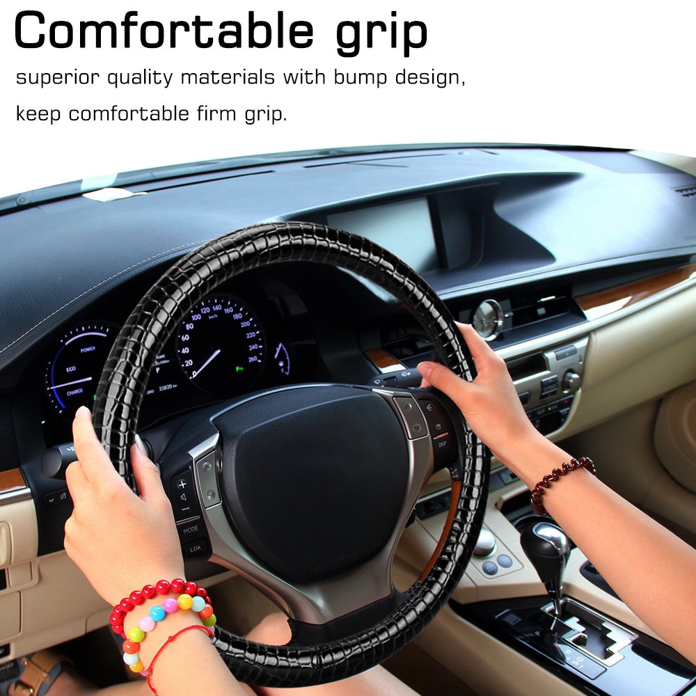 Car Steering Wheel Cover,Durable Crocodile Skin Anti-slip Universal Middle Size 15 Inch Black Nasibo
