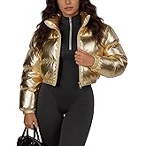 Flygo Women's Metallic Shiny Cropped Quilted Puffer Jacket - Zip Up Padded Down Coat Outerwear
