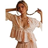 Women Tie Front Ruffle Boho Tops Lace Sheer Flowy Peasant Blouses Y2k Short Sleeve Lace Crop Shirt for Cute Going Out Top