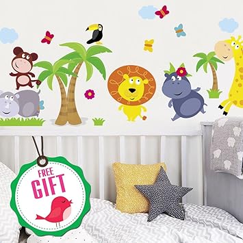 Animal Safari Jungle Vinyl Wall Decal For Kids Bedroom Playroom Decorative Art Stickers For Baby Girl Boy Wall Decor Nursery Wall Stickers 24 Art