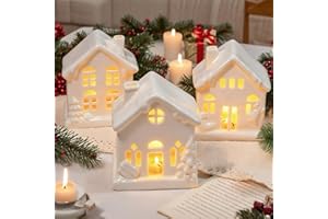 NEROSUN Ceramic Christmas Village Houses, 3Pcs LED Lighted Porcelain White Small House Tabletop Figurines, Light Up Christmas Decorations for Home Shelf Cabinet Table Winter Decor