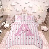 Erosebridal Pink Bowknot Girls Twin Comforter Set Initial Letter A Bedding Set Romantic Dreamy Bow Knot Quilt for Kids Adult Teens Bedroom Kawaii Bow Princess Bedding Comforter Sets