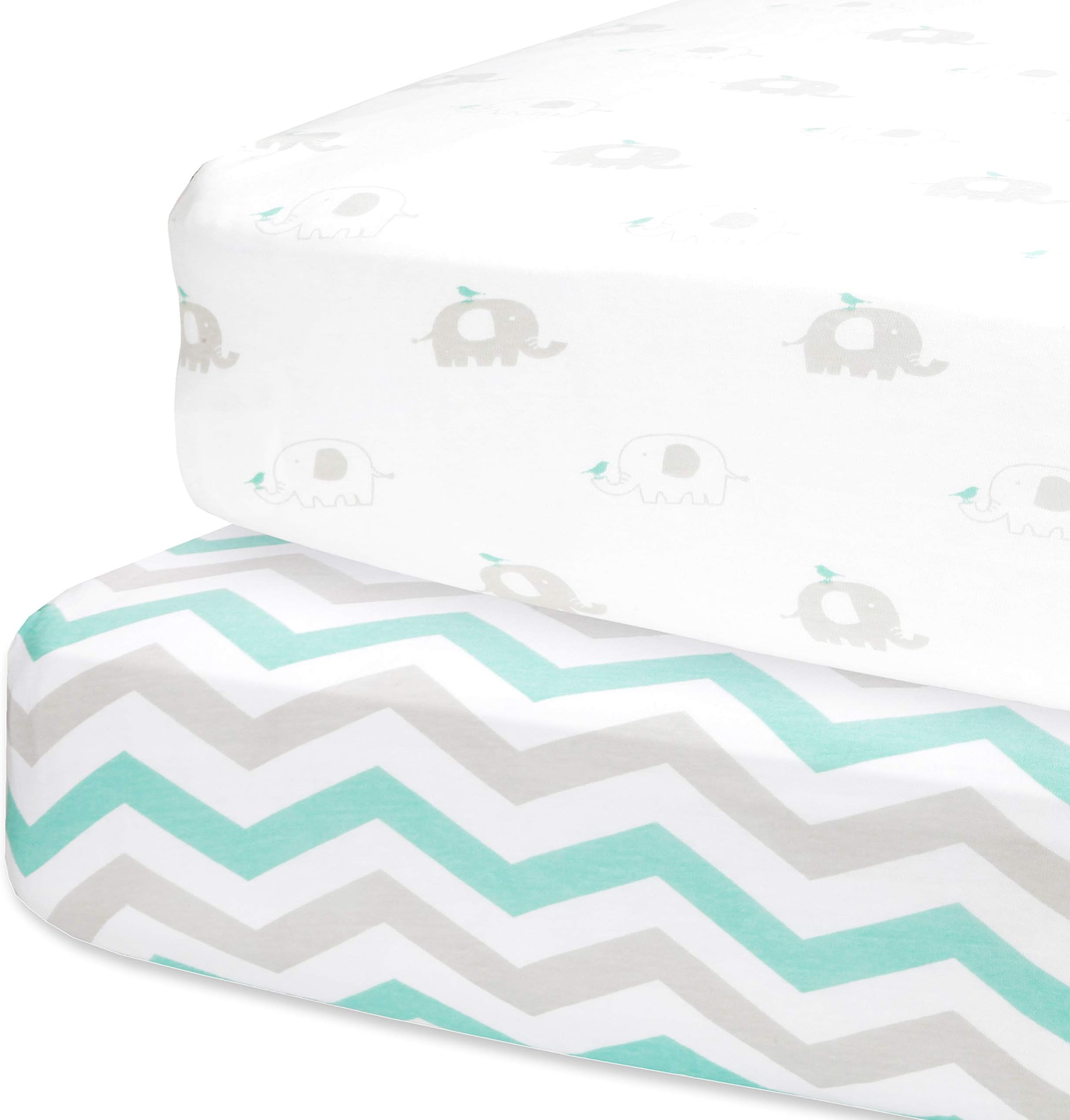 Fitted Crib Sheets Set – 2 Pack – Jersey Cotton Crib Mattress Sheets for Baby Boy, Girl Crib – Grey, Mint Green Elephant, Chveron Toddler Bed Sheets – Fits on Standard 28 x 52 Mattress