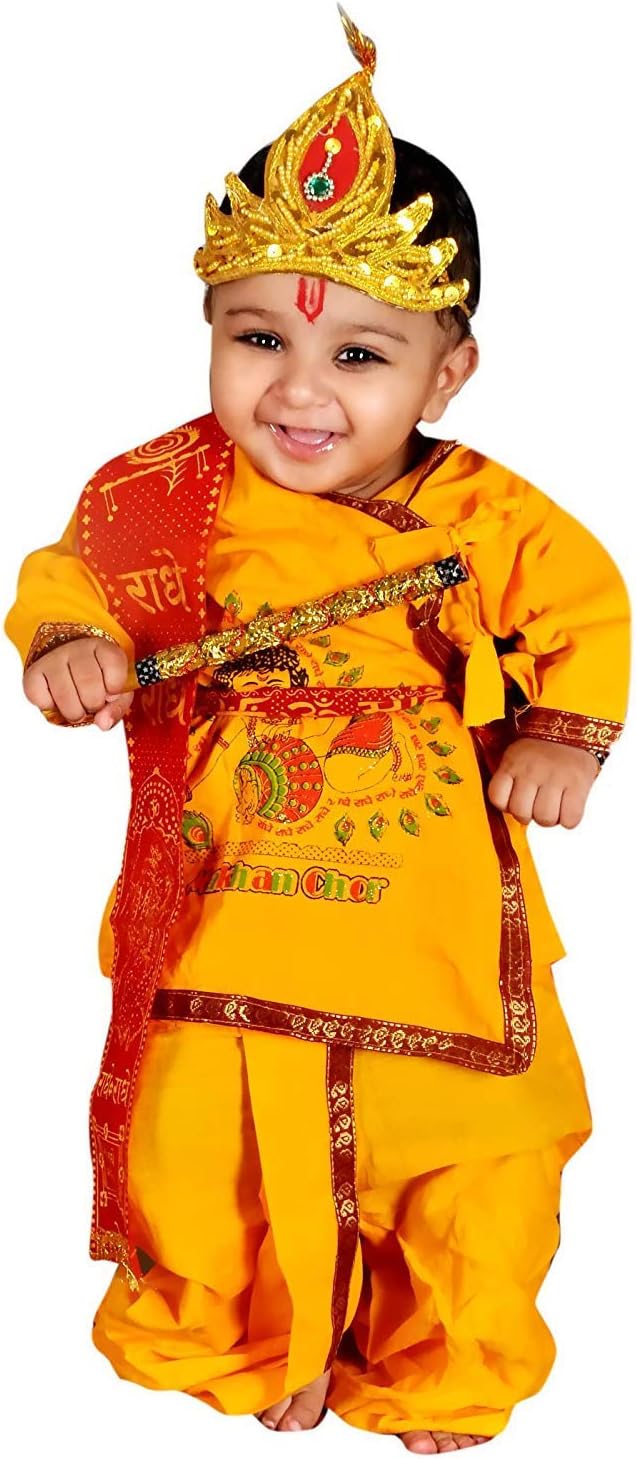 STC Yellow Krishna Dress Dhoti Kurta for Baby Boys (Pack of 4- Basuri, Mor Pankh Mukut, Bandhni Patka & Dhoti Kurta)