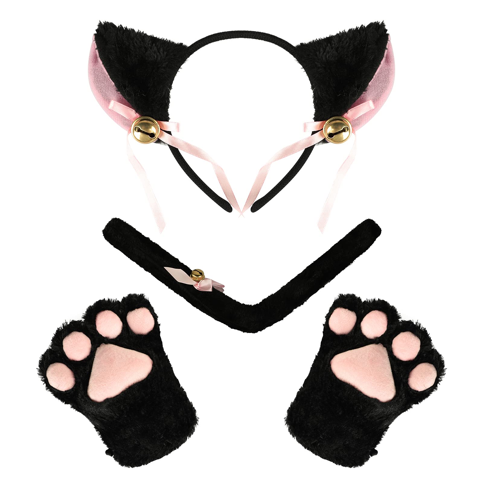 XINCHIA Cat Fox Faux Fur Ears Headband Set for Halloween Party Costume Animal Ears Hair Hoop Band with Bells Bowknot, Animal Paws Claws Gloves and Tail Cosplay Fancy Dress Costume Set Dress Up
