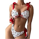 SOLY HUX Women's Bikini Sets Cute Print Lace Up String Bathing Suits Tie Shoulder Two Piece Swimsuits