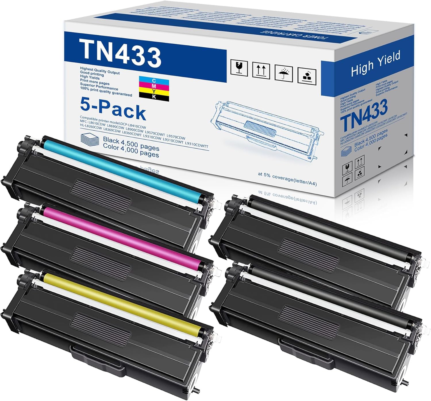 Photo 1 of TN-433 Toner Cartridge 5-Pack: TN431 TN433 Toner High-Yield Replacement for Brother TN433 Toner Cartridge Set for HL-L8360CDW HL-L8260CDW MFC-L8610CDW MFC-L8900CDW MFC-L8690CDW Printer