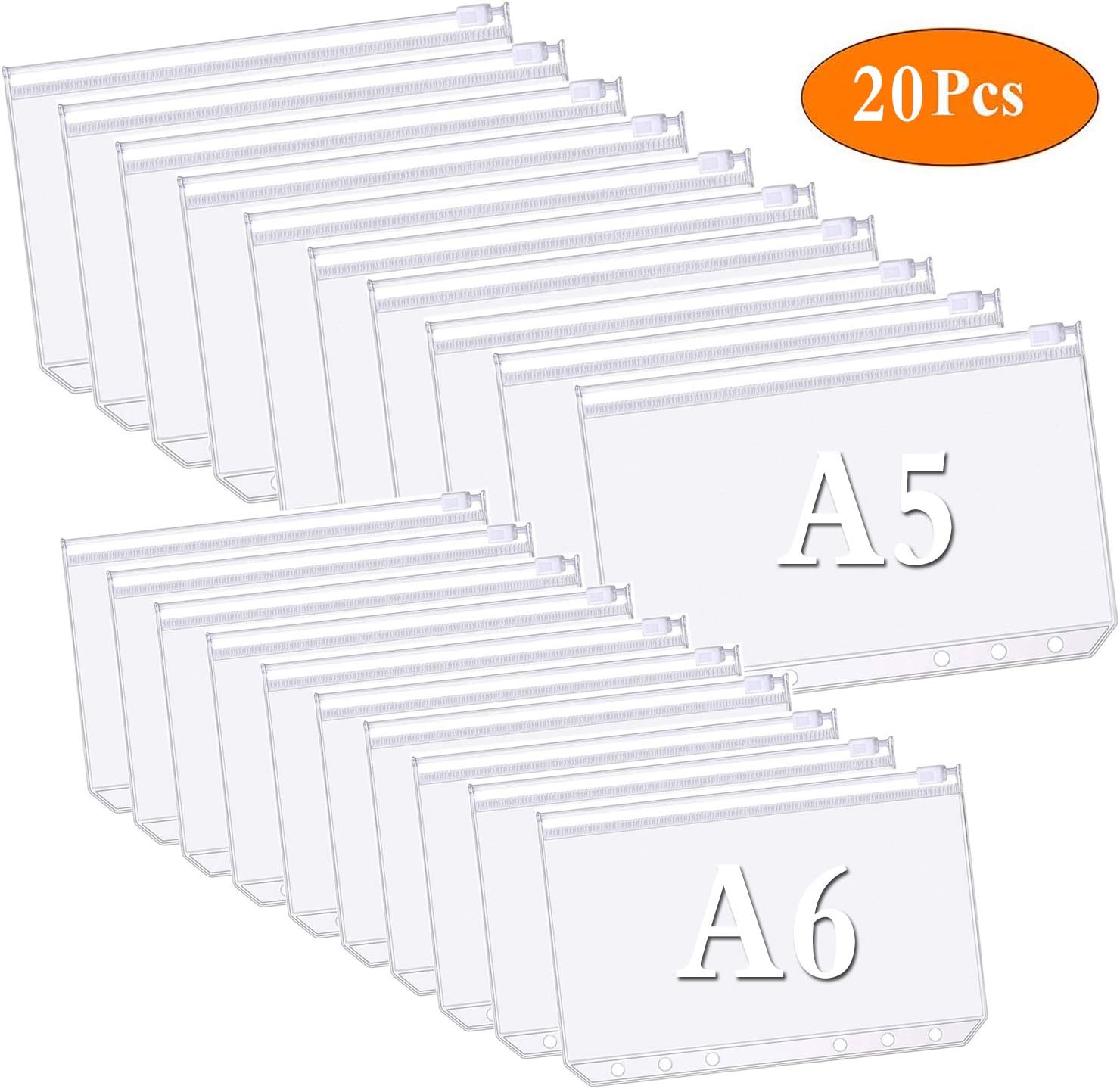 Alpurple 20PCS 6 Hole A5 A6 Size Zipper Binder Folders,Waterproof Pouch Document Filing Bags