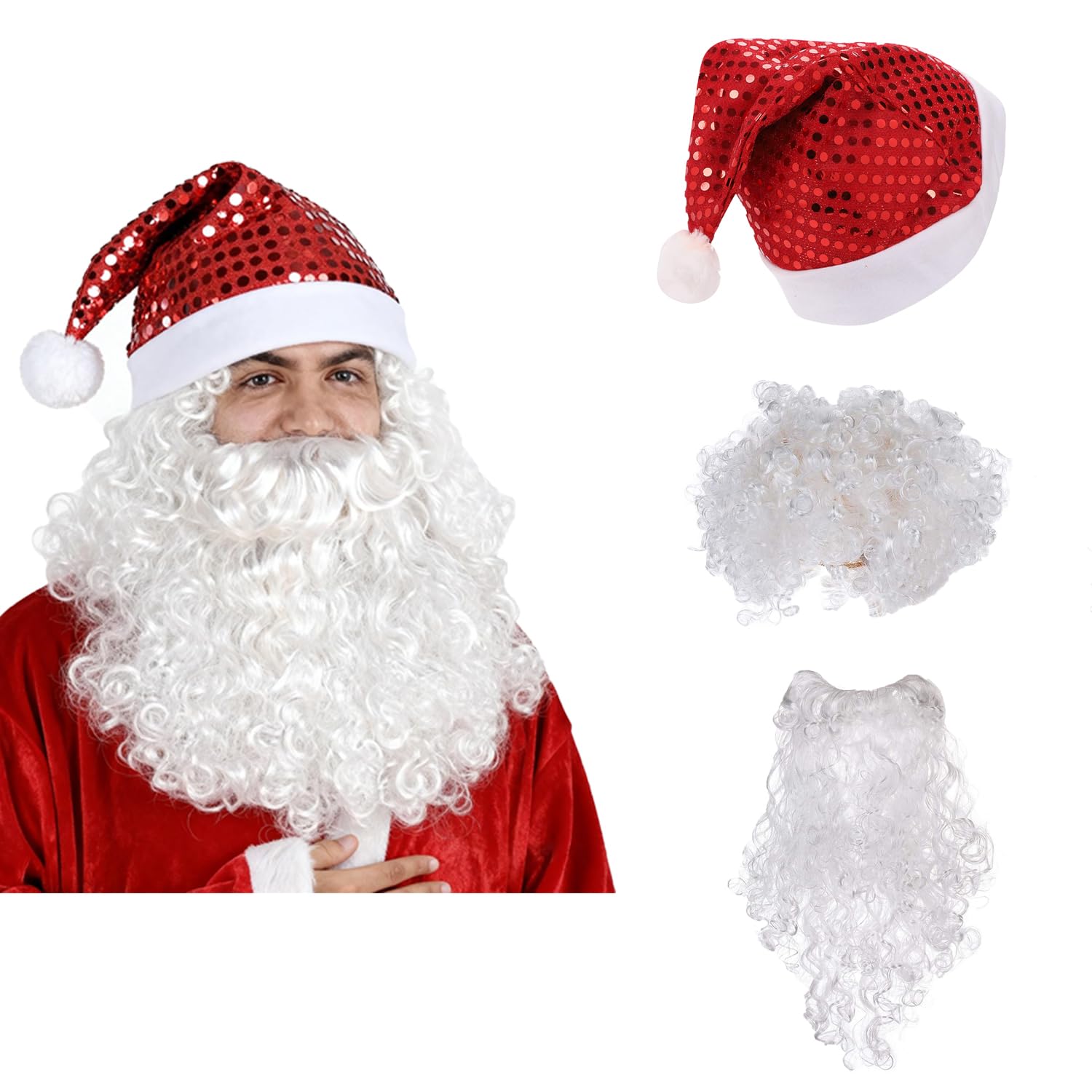 ITODA 3 in 1 Santa Beard Wig Hat Set White Grey Santa Claus Wigs Beard Christmas Cosplay Roleplay Wig Hat Halloween Wizard Wigs for Christmas Carnival Theme Party Adult and 14+