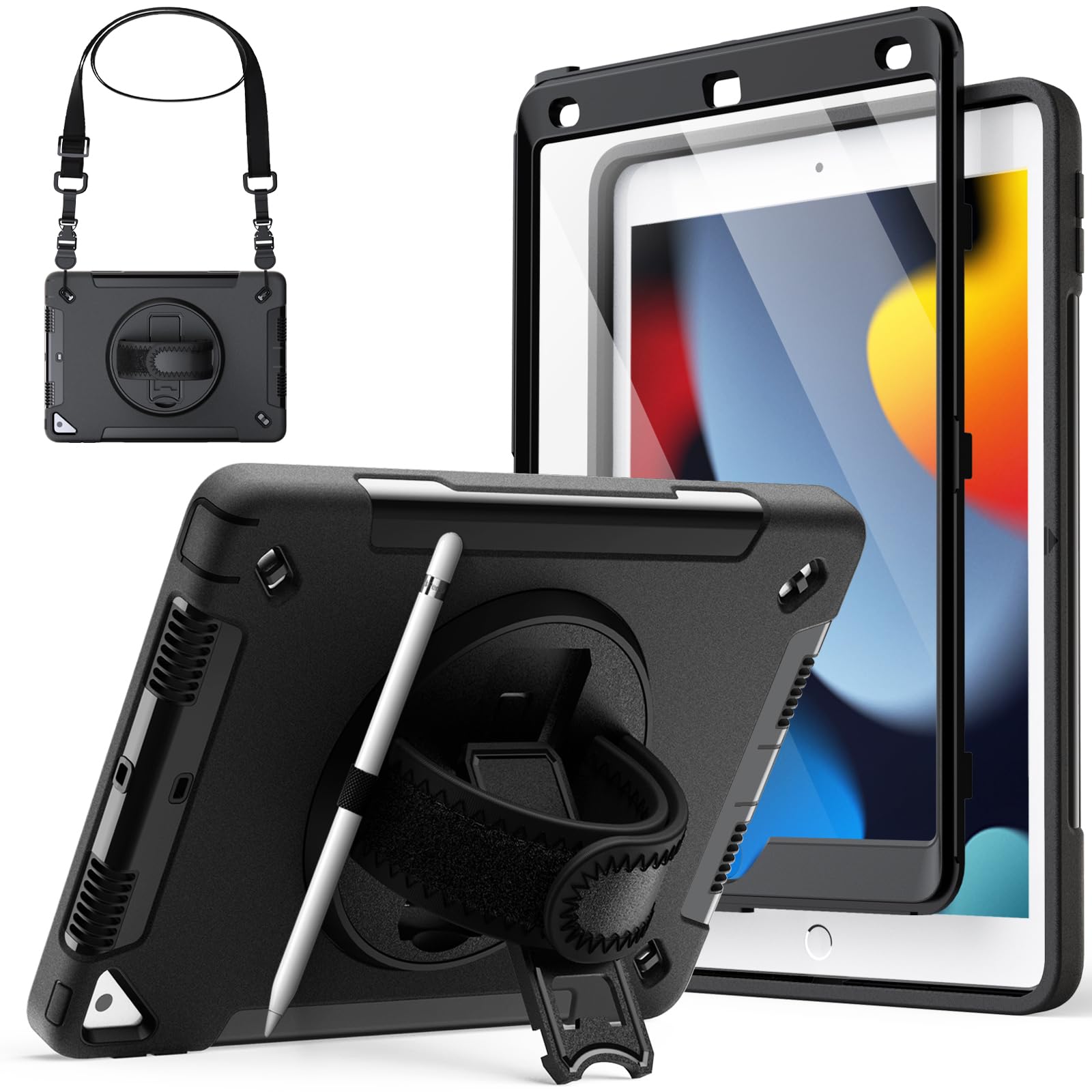 JETech Case for iPad 10.2-Inch (9th/8th/7th Generation, 2021/2020/2019) with Built-in Screen Protector, Protective Shockproof Rugged Tablet Cover, 360° Rotating Hand Strap Stand (Black) — image 1