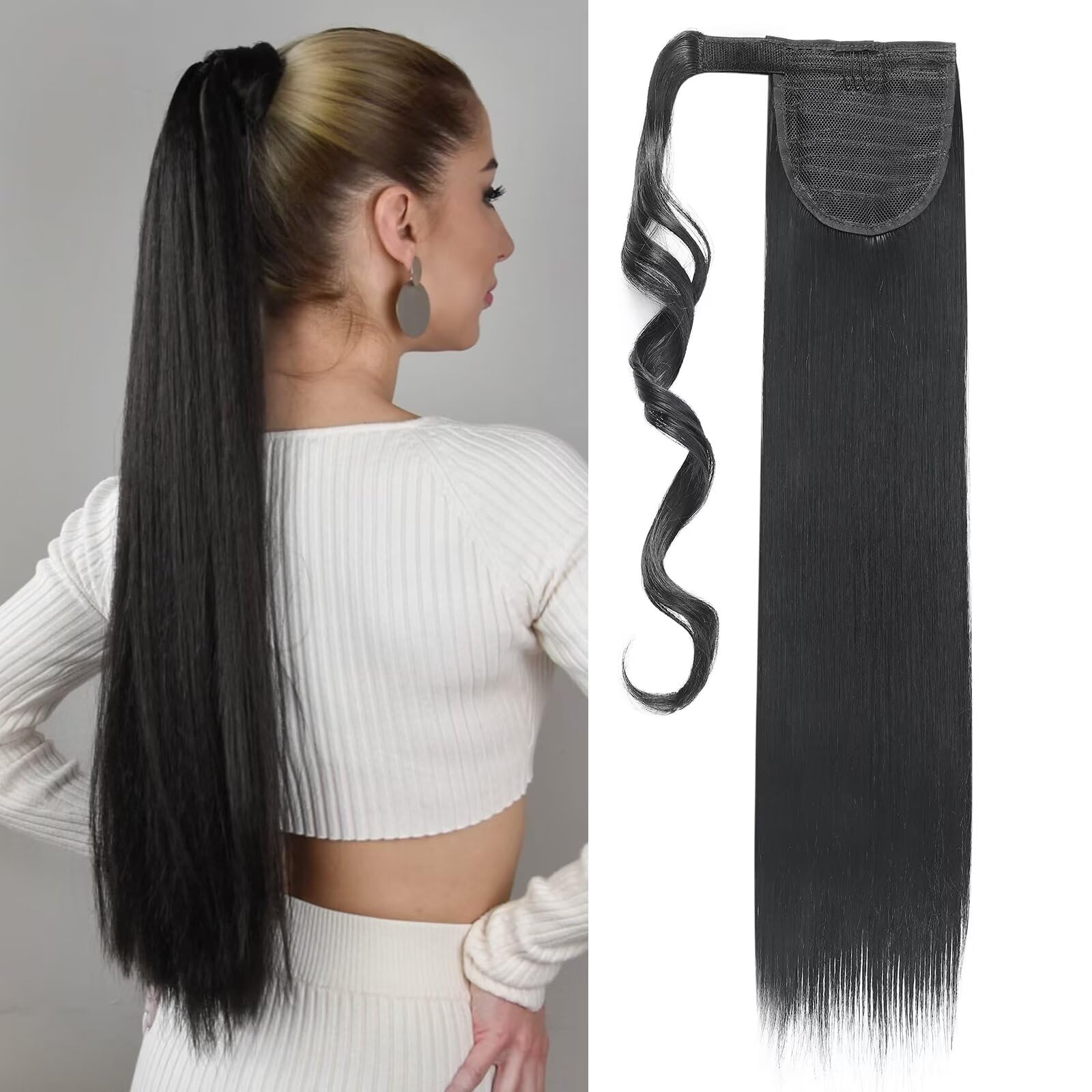 Silk-co 23inches Ponytail Hair Extension Clip in/on Ponytail Straight Synthetic Wrap Around Extension Hairpiece for Women(Jet Black)