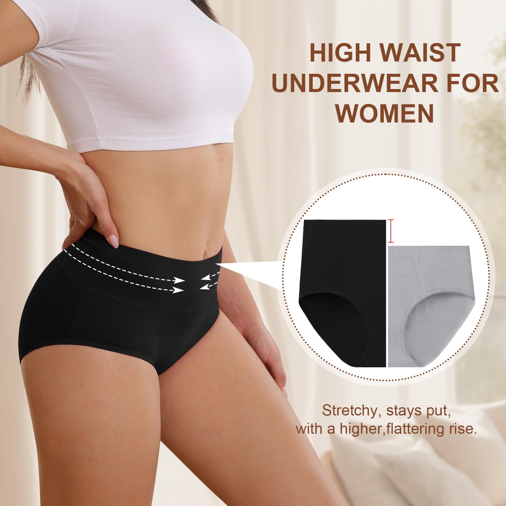 Cozyroam High Waisted Tummy Control Knickers for Women Cotton Underwear Women Soft Full Coverage Briefs Comfortable Stretchy panties Breathable Ladies Knickers Multipack 5 Pack Black