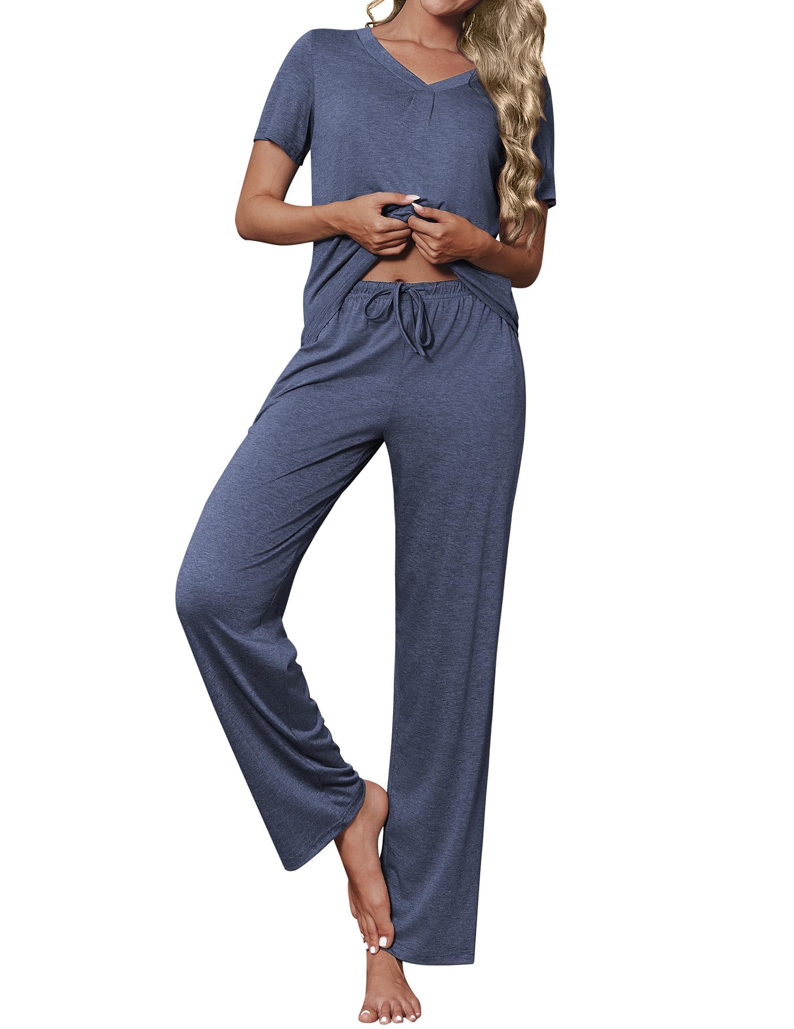 Photo 1 of **MISSING PANTS** Ekouaer Women's Pajamas Set Soft 2 Piece Lounge Sets V-neck Sleepwear Short Sleeve Top Pants with Pockets Navy Blue Large