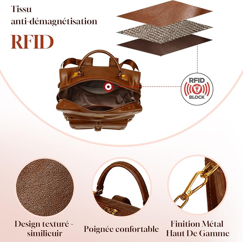 Sac a Dos Femme, Sacs à Main Portés Dos Femme Antivol Léger Backpack Loisirs Casual en Cuir Vegan pour Voyage L'école Travail Université Collège Shopping
