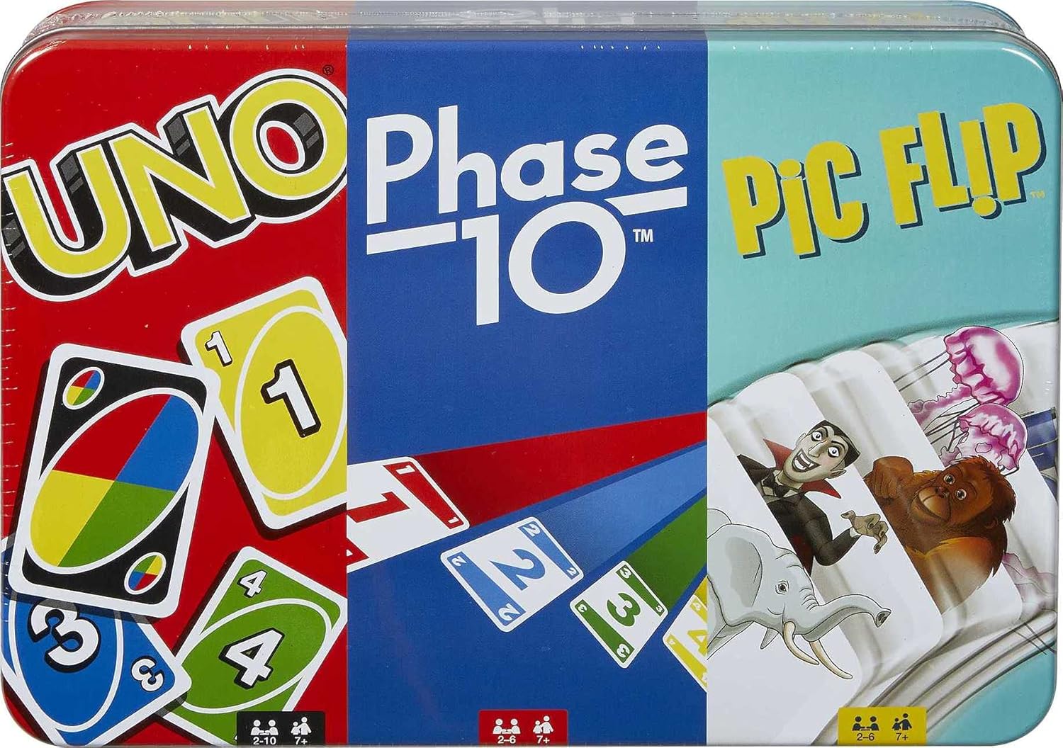 UNO, Phase 10 and Pic Flip Bundle Tin, 3 Mattel Card Games for Players 7 Year Olds & Up, Decorative Storage Tin, Gift for Kid, Family & Adult Game Night 7 Years & Older, Multi (GYK17): Toys & Games