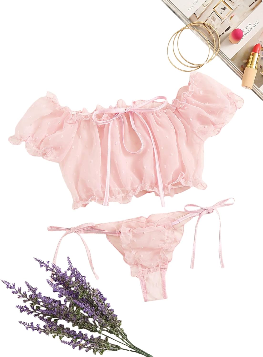SheIn Women's Self Tie Ruffle Trim Dobby Mesh Lingerie Set Sexy Bra and Panty: Clothing