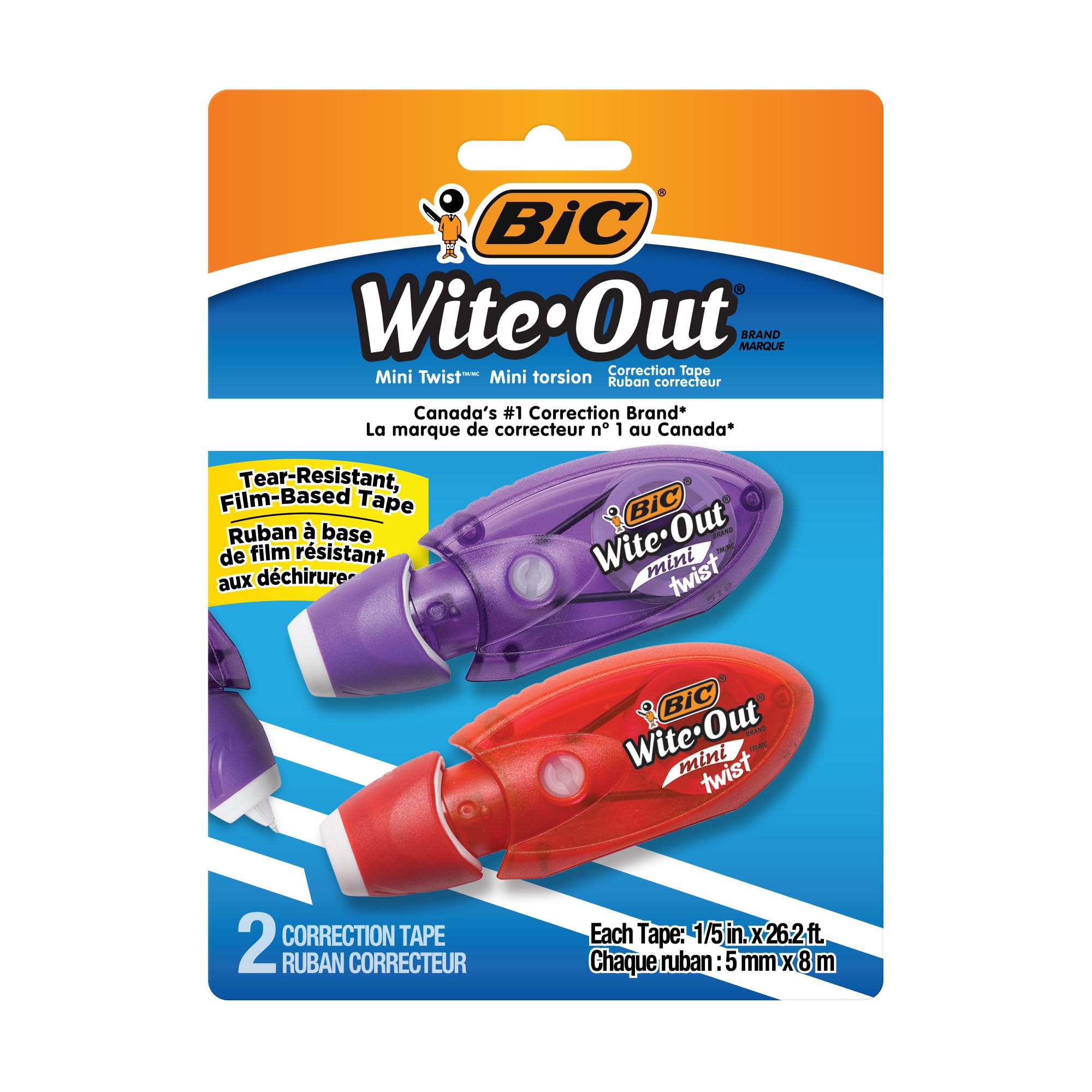 BIC Wite-Out Mini Twist Correction Tape, No Dry Time, Tear Resistant Tape, White, 2-Count