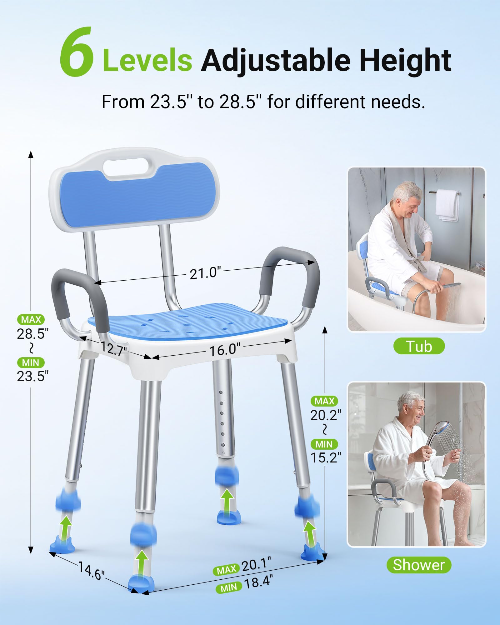 Widened Shower Chair for Inside Shower with Padded Back & Arms,400 lbs Heavy Duty & Adjustable Shower Chair for Elderly and Disabled, Non-Slip Shower Seat, Bath Chair for Tub