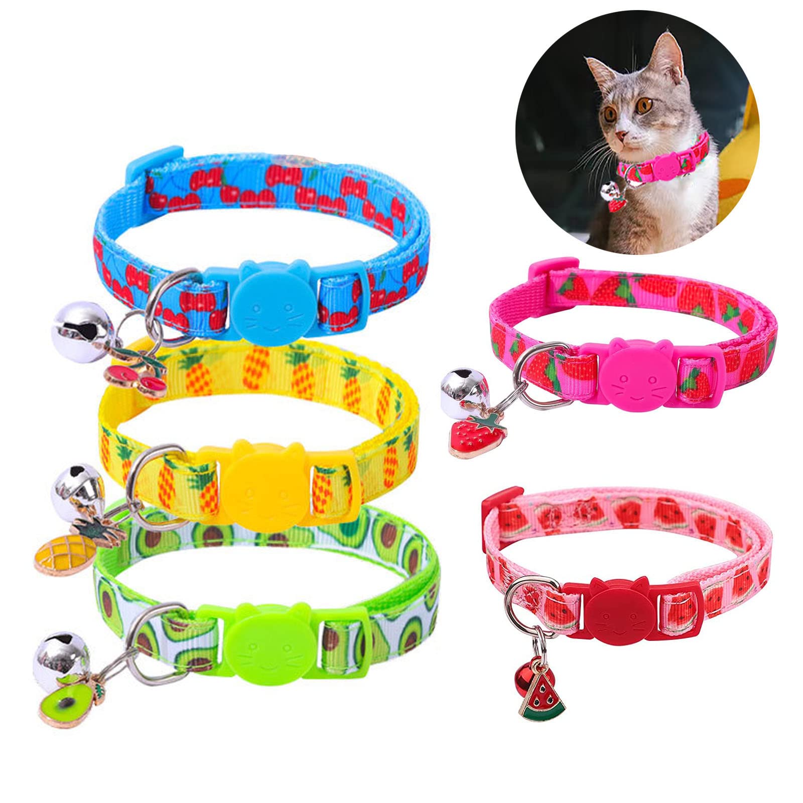 WVRLY 5 Pieces Cat Collars Adjustable Kitten Collars with Bells Cute Kitten Collars Fruit Style Cat Collars Pendant Cat Collar for Kitten Cat Tropical Hawaii Party（Blue Yellow Pink Red Green)（18-30cm）
