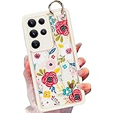 Jefonha Silicone Case for Samsung Galaxy S25 Ultra with Strap, Cute Flower Floral Phone Case for Girl Women, Adjustable Finger Strap Shockproof Protective Cover, Beige Blossom