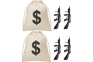 Zhanmai 6 Pcs Inflatable Gun Props Canvas Money Bag Pouch Set 1920s Party Decorations Money Bag with Drawstring Closure Party Prop Guns, Gangster Favors 20s Cosplay Theme Birthday Decoration