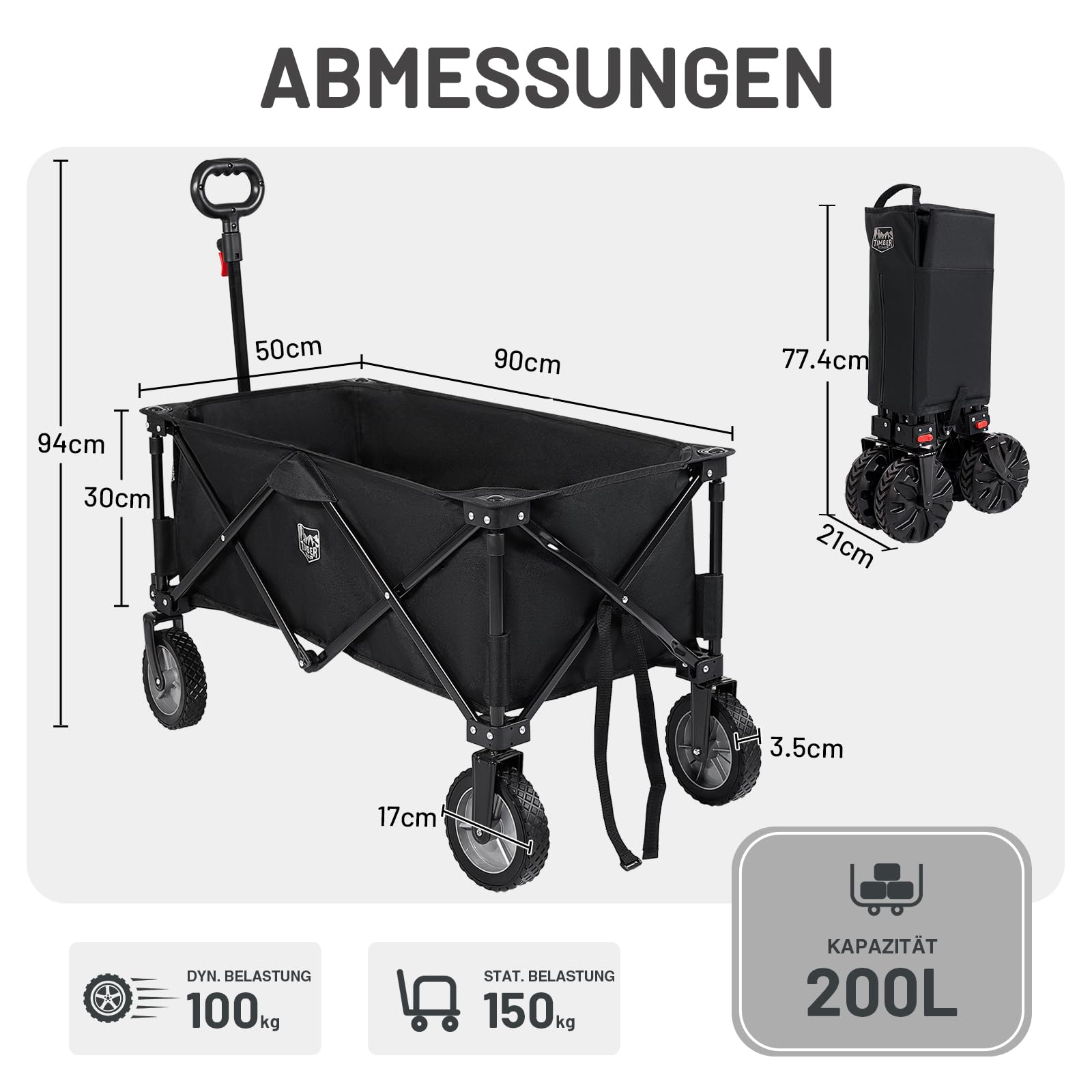 TIMBER RIDGE XXL Bollerwagen Faltbar Transportwagen mit Seitentasche Getränkehalter verstellbarem Griff, Gartenwagen für Alle Gelände, Draussen Camping Einkaufen 3