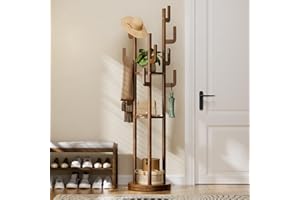Yoobure Rotary Coat Rack Freestanding - Solid Wood Coat Tree with 9 hooks & 3 Storage Shelves for Purse, Bag, Jacket, Hat, Corner Hanger Stand Racks for Hall, Entryway, Office, Modern Clothes Holder