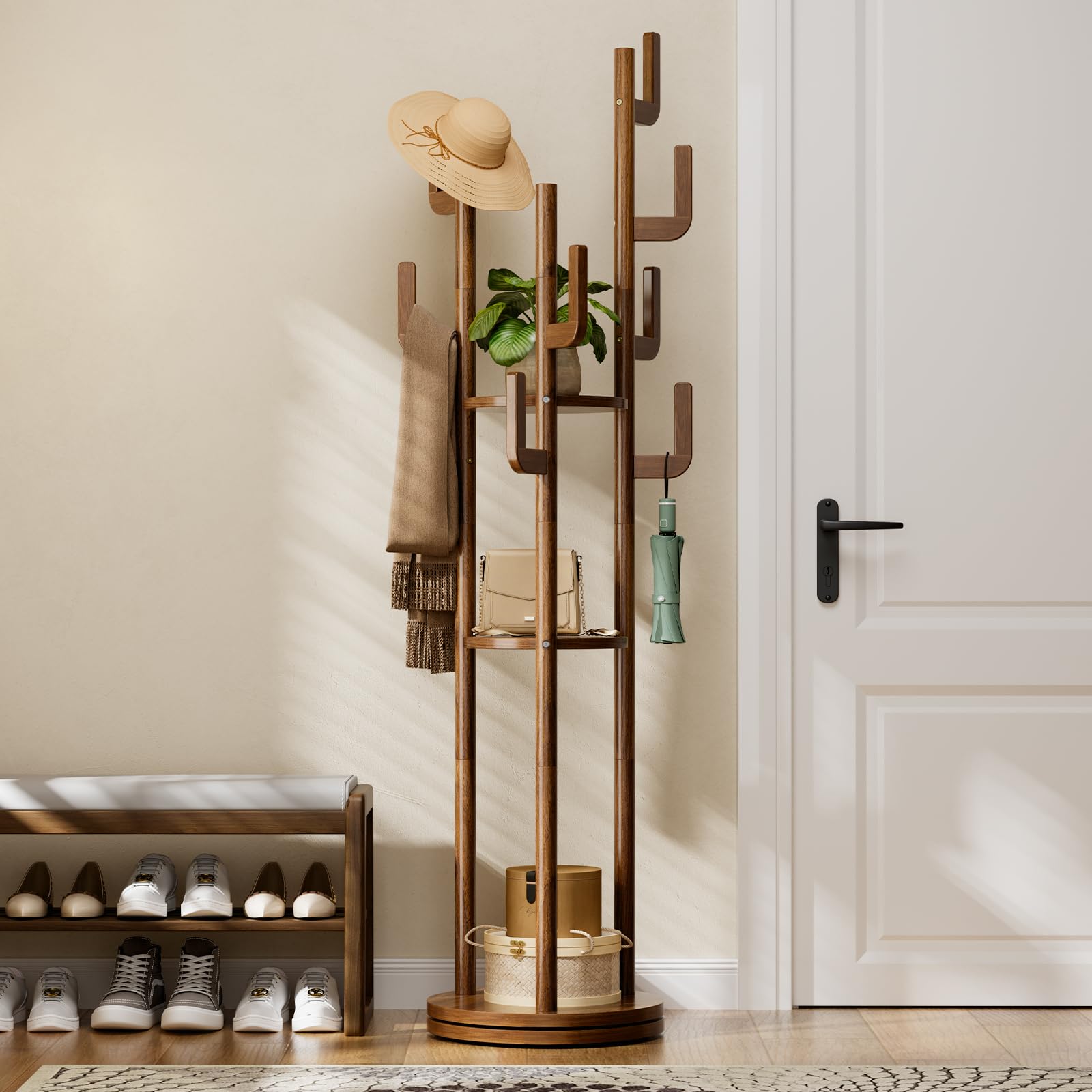 Photo 1 of Yoobure Rotary Coat Rack Freestanding - Solid Wood Coat Tree with 9 hooks & 3 Storage Shelves for Purse, Bag, Jacket, Hat, Corner Hanger Stand Racks for Hall, Entryway, Office, Modern Clothes Holder