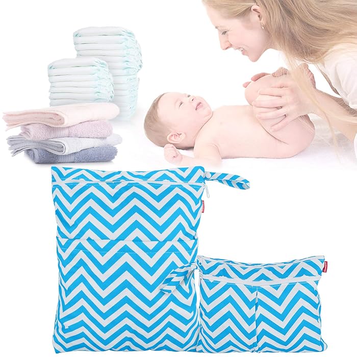 Image 9 - Damero 2pcs Travel Wet and Dry Bag, Reusable Wet Bags Organizer with Two Zippered Pocket for Cloth Diaper, Pumping Parts, Swimsuit and Gym, Blue Chevron