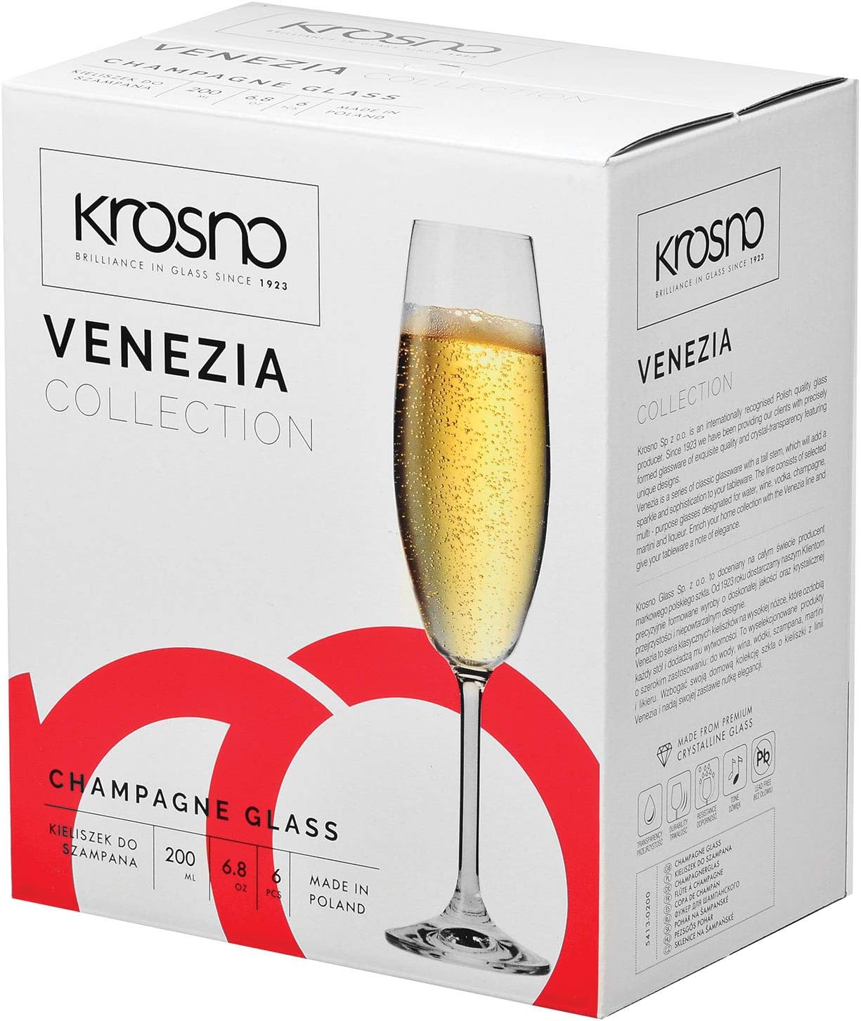 Krosno Crystal Champagne Flute Glasses Set of 6 200 ML Venezia