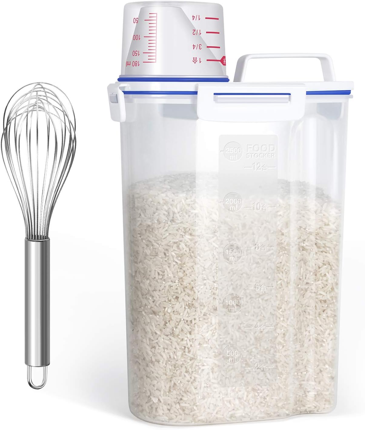 TBMaxFlour Storage Container with a Stainless Steel Whisk - Food Dispenser with Easy Pouring Spout + Measuring Cup, Perfect Baking Accessories