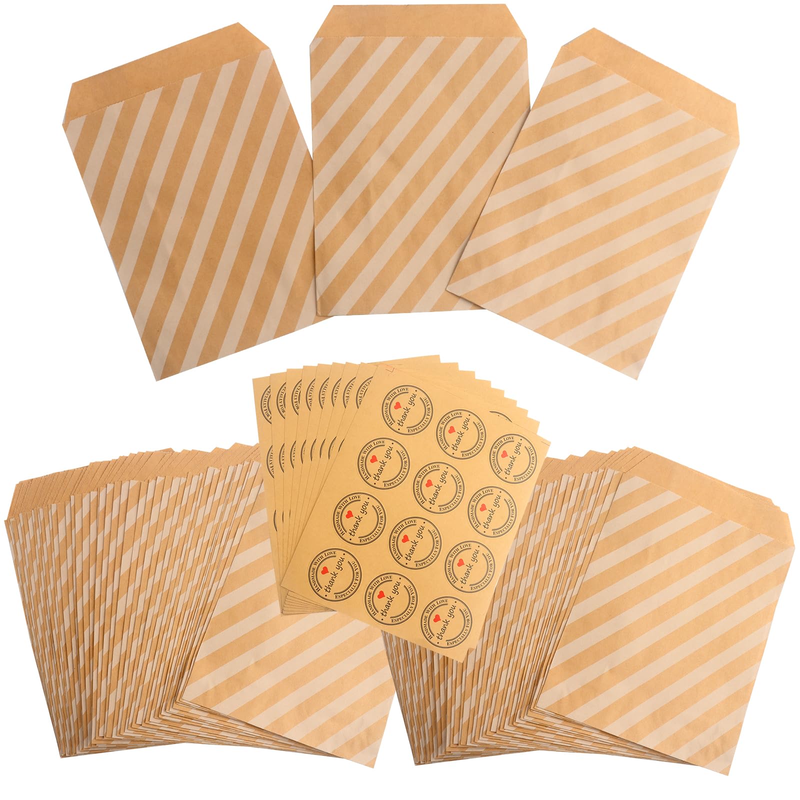 Roellgs100 100 Pcs Wedding Candy Bags, Striped Kraft Paper Bags for Packing Sweets and Chocolates (Twill Pattern)