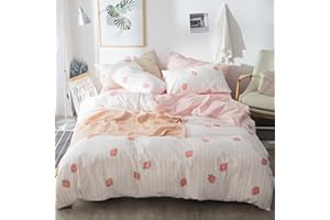 EAVD Super Cute Strawberry Duvet Cover Full Soft 100% Cotton Pink Kawaii Strawberry Bedding Set for Girls Women Reversible Pink Plaid Duvet Cover Set with Zipper Closure