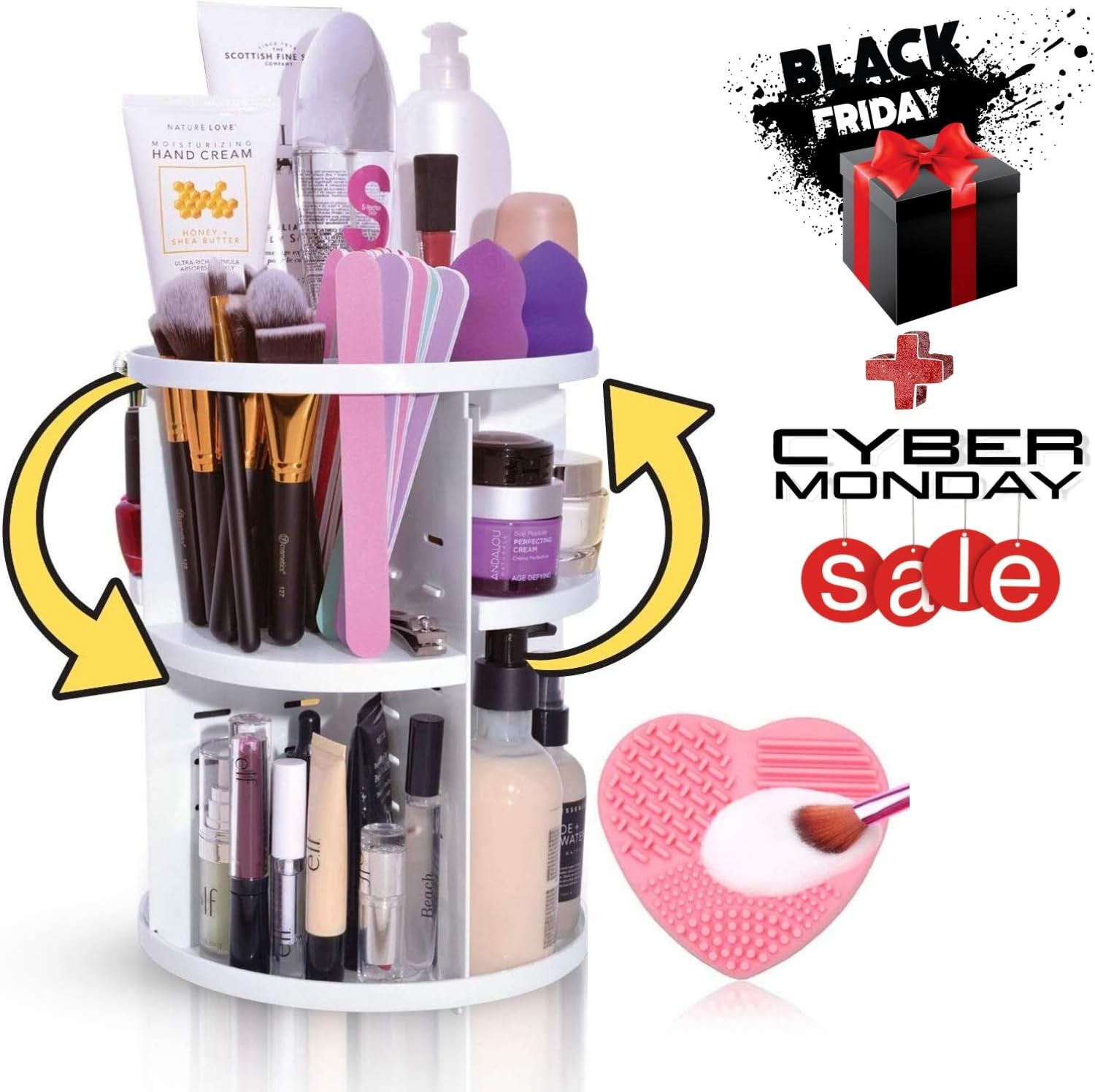 360 Rotating Makeup Organizer Cosmetic Storage - Multifunction Spinning Makeup Organizer as Adjustable Perfume and Makeup Carousel Extra Large Capacity Includes Make Up Brush Cleaning Mat