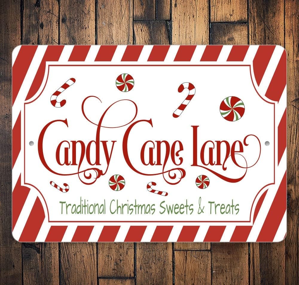 Wall Décor - Candy Cane Lane Retro Metal Tin Sign Traditional Christmas Sweets and Treats Print Wall Art for Home Living Room Outdoor or Indoor Wall Decor Gift Christmas Candy Cane Lollipop Poster 8x12 Inch