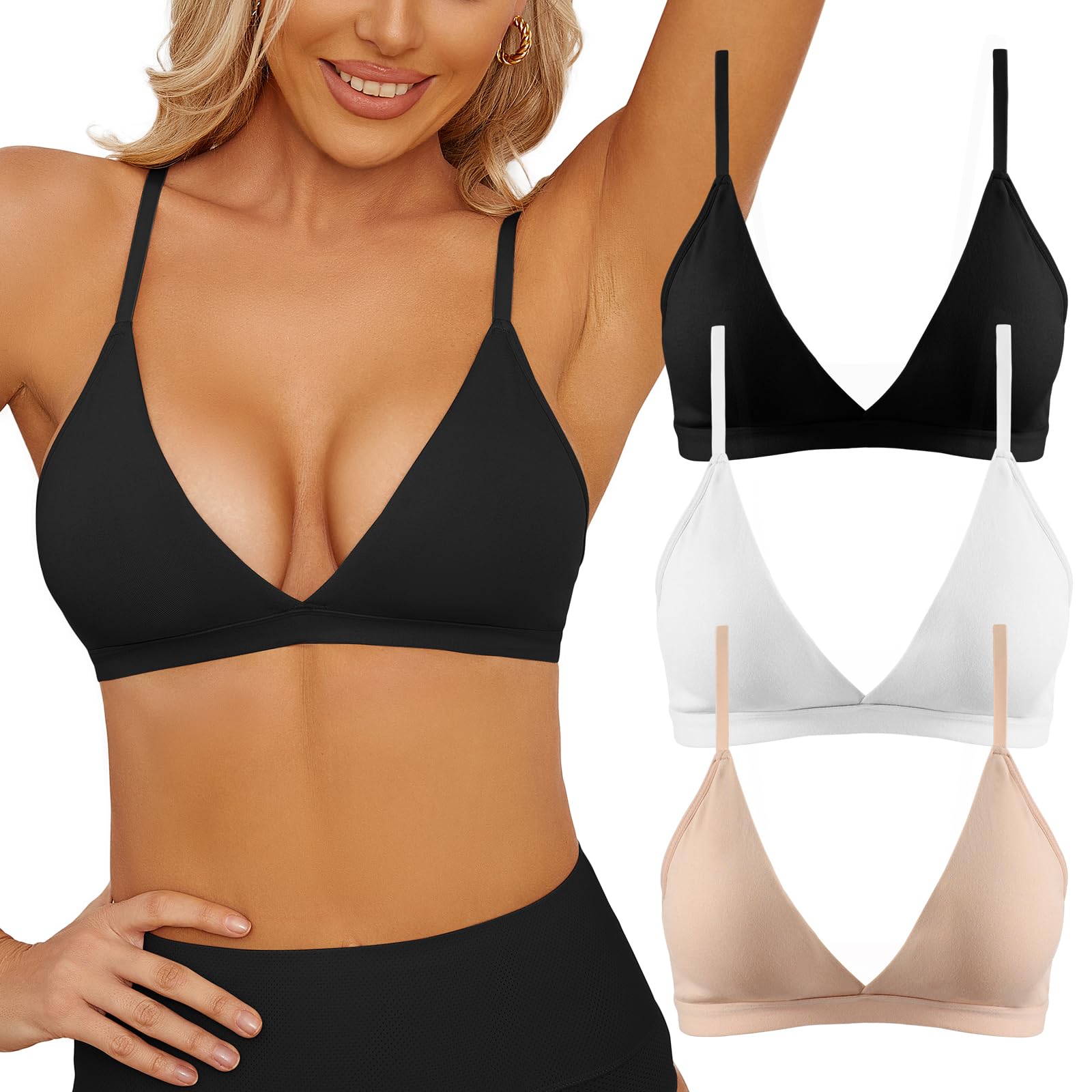 Photo 1 of INIBUD Bralette for Women Triangle Cups Adjustable Straps Wireless Bra Deep V Neck Removable Padded Seamless (US, Alpha, Small, Regular, Regular, Black&Clay&White)