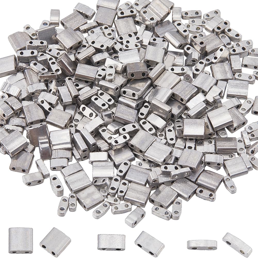 SUNNYCLUE 1 Box 300Pcs 3 Sizes Silver Tila Beads Bulk 2 Hole Seed Beads Quarter 1/4 1/2 Tila Bead Spacers Square Japanese Glass Mini Rectangle Beads for Jewellery Making Bracelets Earrings DIY Crafts