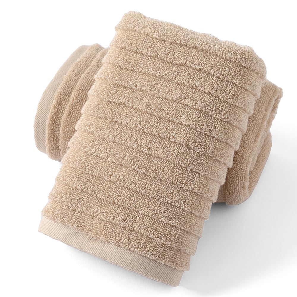 sense gnosis Super Soft Jacquard Luxury Hand Towel Stereoscopic Ladder Striped 100% Cotton Absorbent Decorative hand Towel for Bathroom 13 x 29 Inch (Khaki, 2 Pack)