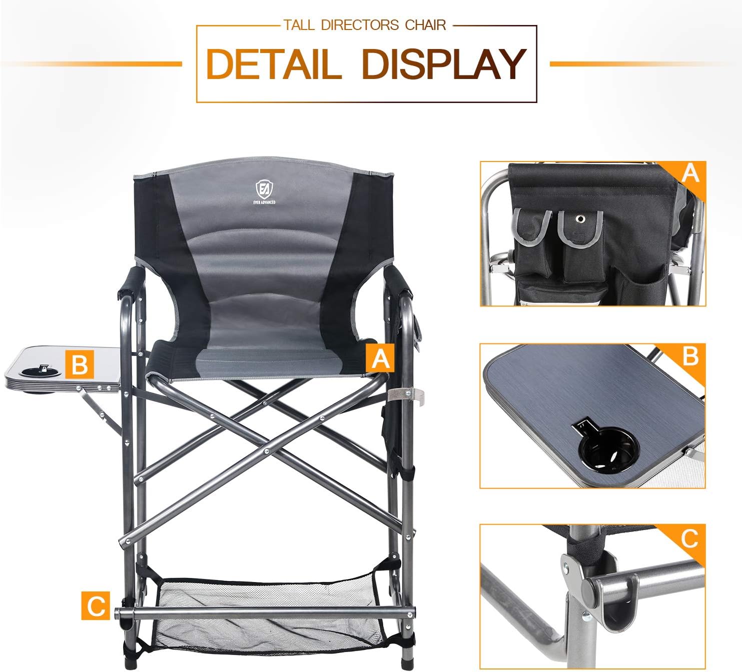 EVER ADVANCED Medium Tall Directors Chair Foldable Makeup Artist Chair Bar Height with Side Table Cup Holder and Storage Bag Footrest, Supports 300LBS (Grey, Seat Height: 23.2 inches): Furniture & Decor