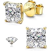 GEMQUEEN Moissanite Earrings Studs : 18K Gold Plated S925 Sterling Silver Stud Earring for Women Men Moissanite Jewelry Hypoallergenic Brilliant Princess Cut D Color VVS1 0.8CT-3.2CT