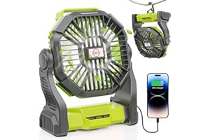 DOWILLDO 10400mAh Battery Operated Fan, Camping Fan Rechargeable with LED Light & Hooks, Portable Tent Fan Outdoor for Picnic, Barbecue, Fishing, Travel (Green)