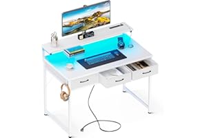 ODK 40 Inch Small Computer Desk with 3 Drawers and USB Power Outlets, Home Office Desks with LED Lights and Adjustable Monitor Stand, Work from Home, Modern Work/Writing/Study Table for Bedroom, White