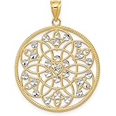 14k Yellow Gold and Rhodium Round Filigree Mandala Pendant Necklace for Women with Diamond Cut Accents, Spiritual Medallion Symbolizing Harmony and Unity, Boho Statement Fine Jewelry Piece