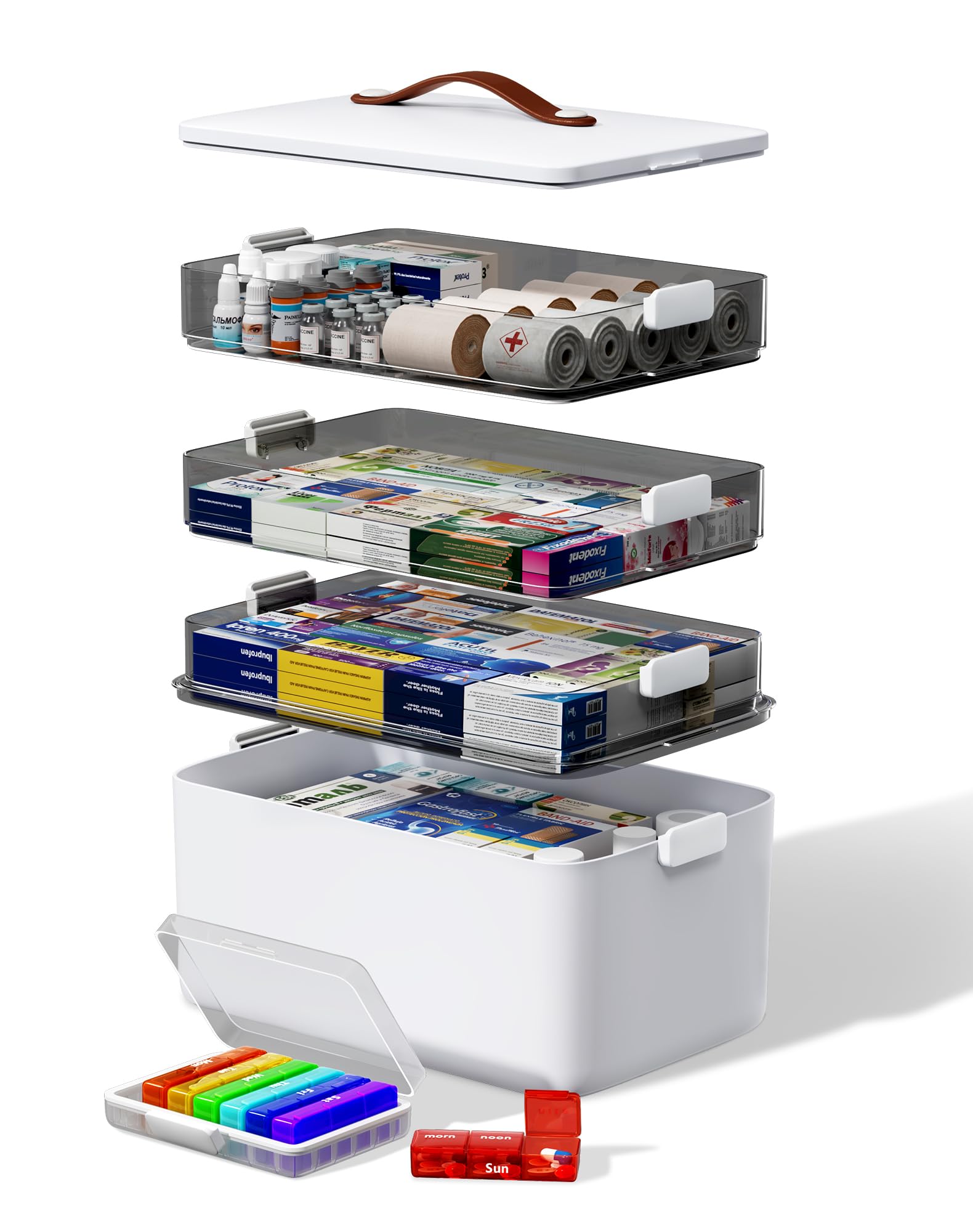 LEGUO 4-Tier Medicine Cabinet Organizer with Leather Handle, Empty Plastic First Aid Kit, Multipurpose Storage Box with A Portable Weekly Pill Organizer for Family Emergencies, Home