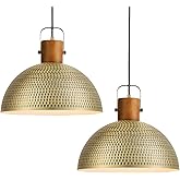 ELYONA 2 Pack Large Hammered Pendant Light Fixtures, 16 Inch Ash Wood Vintage Dome Hanging Lamp, Antique Gold Mid Century Pen
